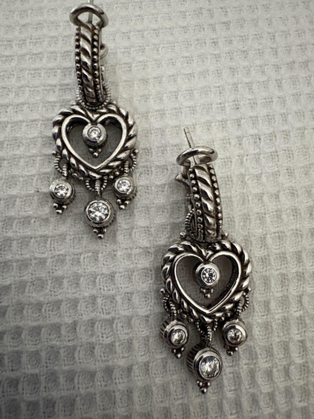 Judith Ripka Silver Heart Drop Dangle Earrings with Crystal Drops